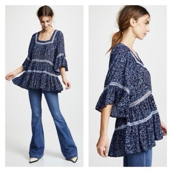 Free People Tops - Free People Talk About It Floral Tunic Top Size XS Blue Boho Cottage Core Hippie